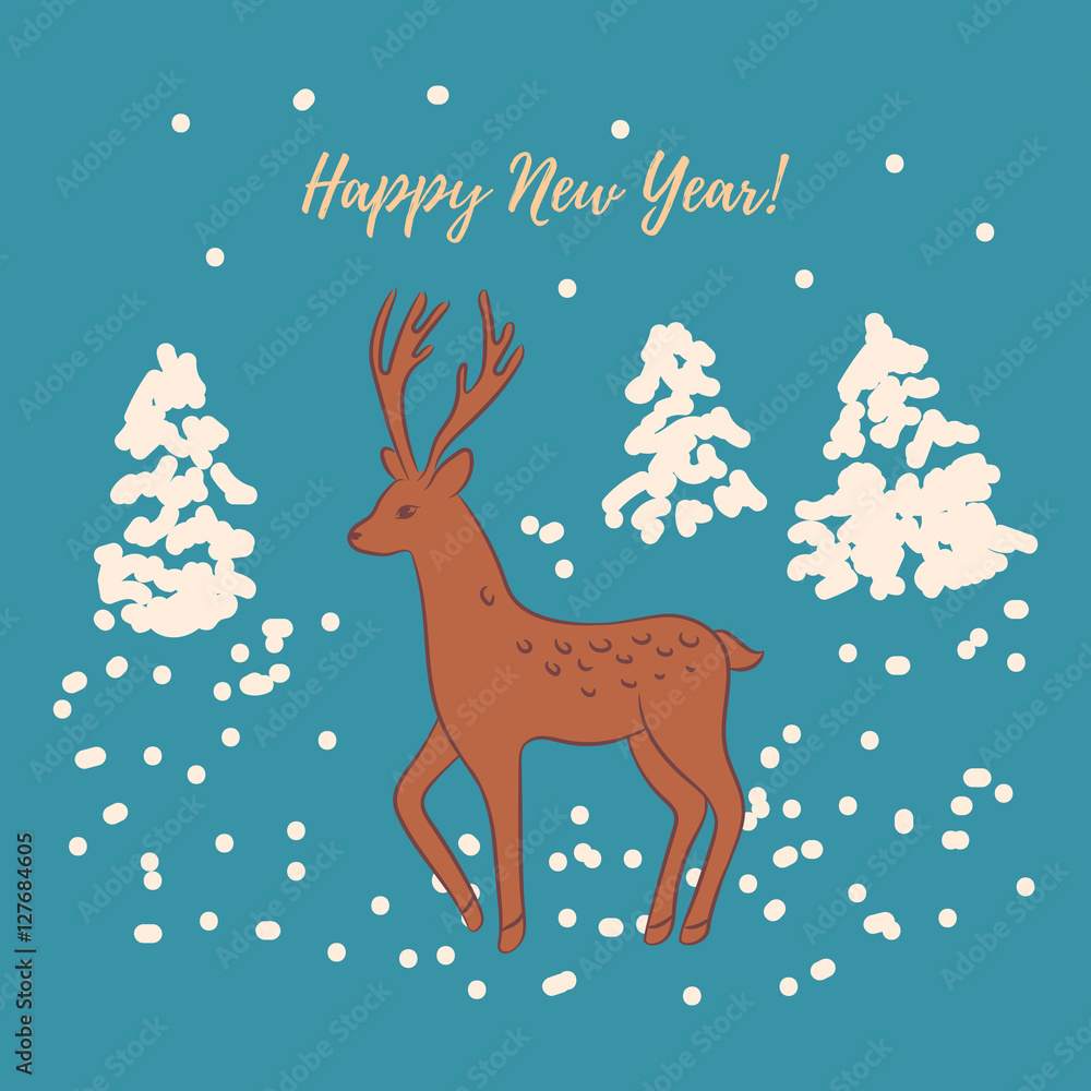 Beautiful design Happy New Year greeting card/Deer on the background of fir trees and snowy winter forest. Reindeer drawing. Vintage, elegant style