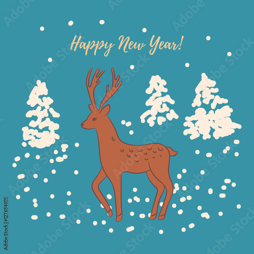 Beautiful design Happy New Year greeting card/Deer on the background of fir trees and snowy winter forest. Reindeer drawing. Vintage, elegant style © learesphoto