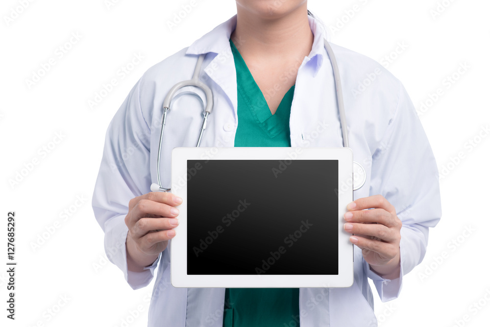 Doctor, tablet, clinic. Doctor, tablet, clinic.