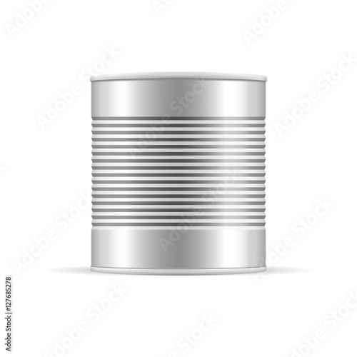 Ribbed metal tin can, canned food. Mockup for your design. Product packing vector.