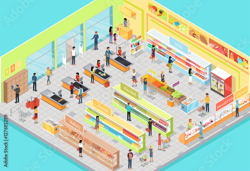 Supermarket Interior in Isometric Projection. 3D