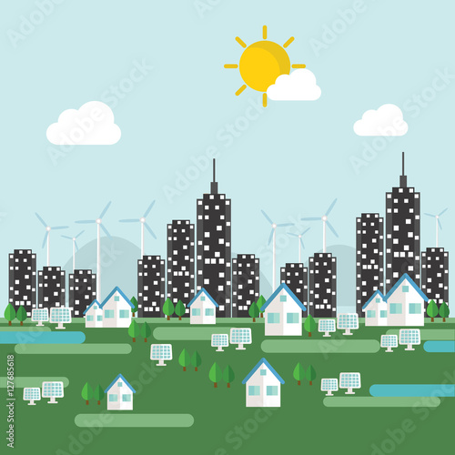 Eco city. Flat design vector info graphic illustration with urban landscape and industrial factory buildings.