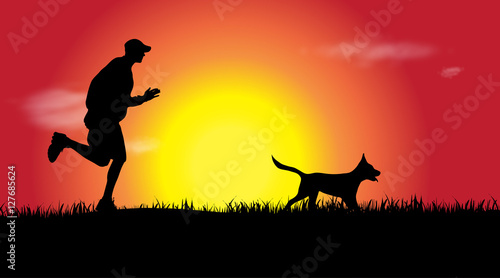 Vector silhouette of man with dog.