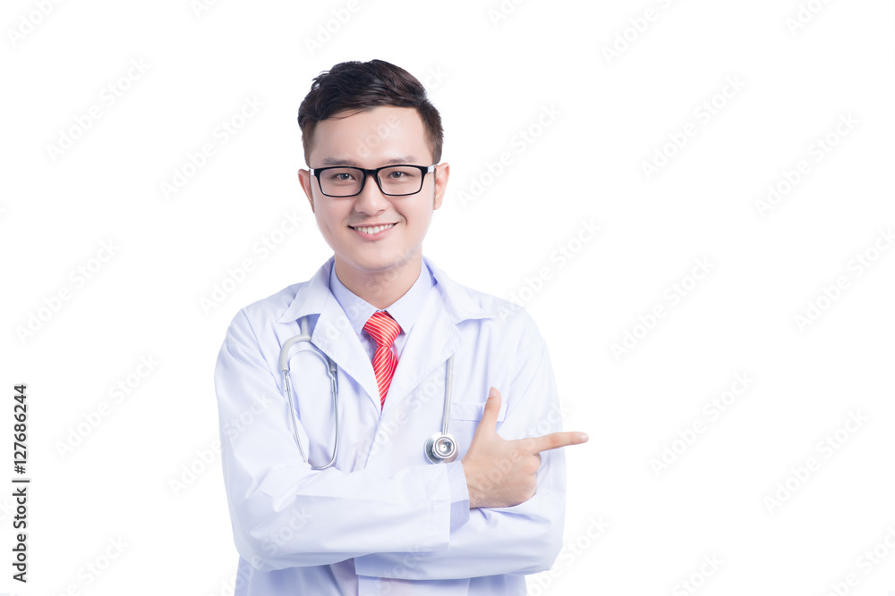 Smiling medical doctor with stethoscope pointing. Smiling medical doctor with stethoscope pointing.