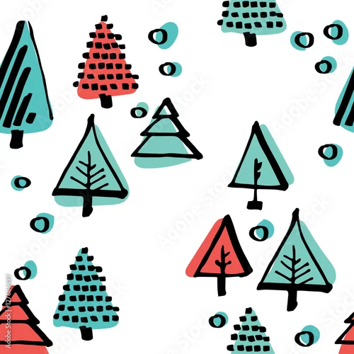 Tapety Ręcznie rysowane wzór, skandynawski wzór wykonany czarnym tuszem minimalistyczny ornament koła, drzewa, gwiazdy