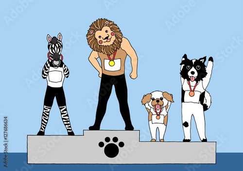 funny animals on winner podium competition, vector design illustration hand drawn
