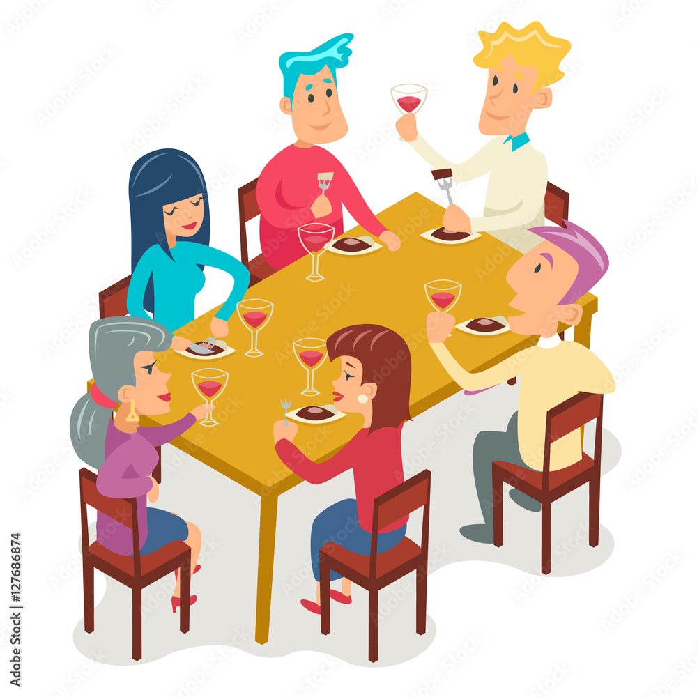 Group Friends Eat Meal Characters Celebration Meating Party Cartoon Design Vector illustration Group Friends Eat Meal Characters Celebration Meating Party Cartoon Design Vector illustration