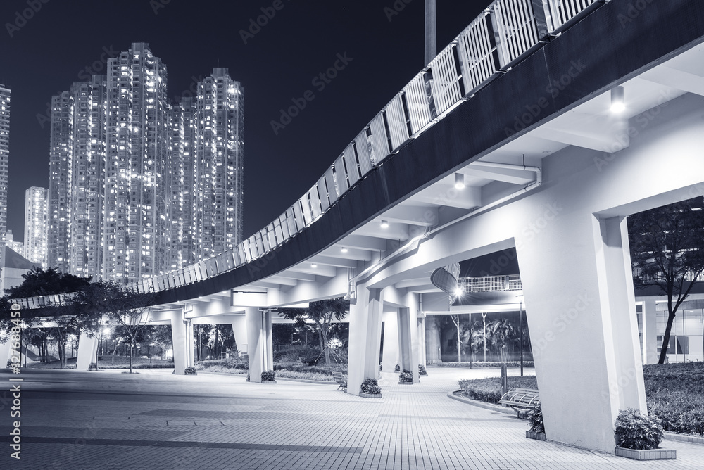 pedestrian walkway in residential district in Hong Kong city at night pedestrian walkway in residential district in Hong Kong city at night