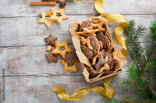 Christmas butter and chocolate cookies with festive decoration