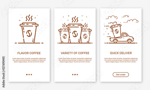 Vector Illustration of onboarding app screens and outline web concept coffee delivery service for mobile apps . Modern brown interface UX, UI GUI screen template for smart phone or web site banners.