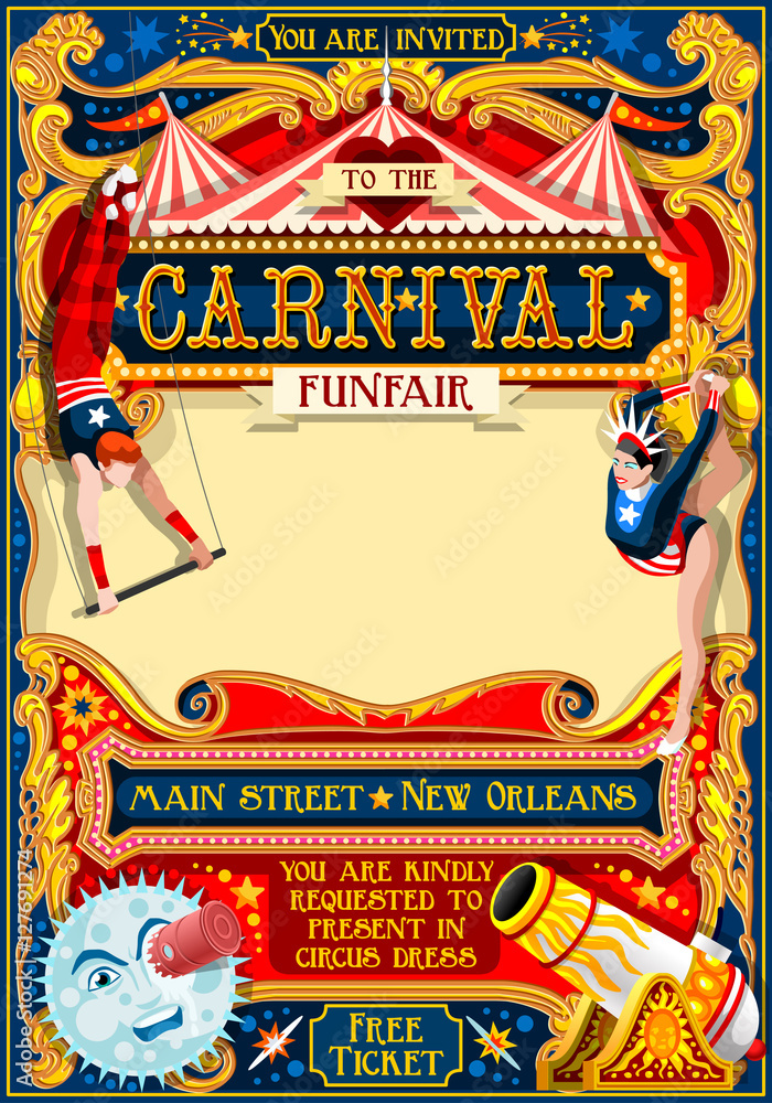 Carnival Poster with Bright Inscription, Sparkles, Free Place for Text.  Stock Vector - Illustration of celebration, cabaret: 48594327