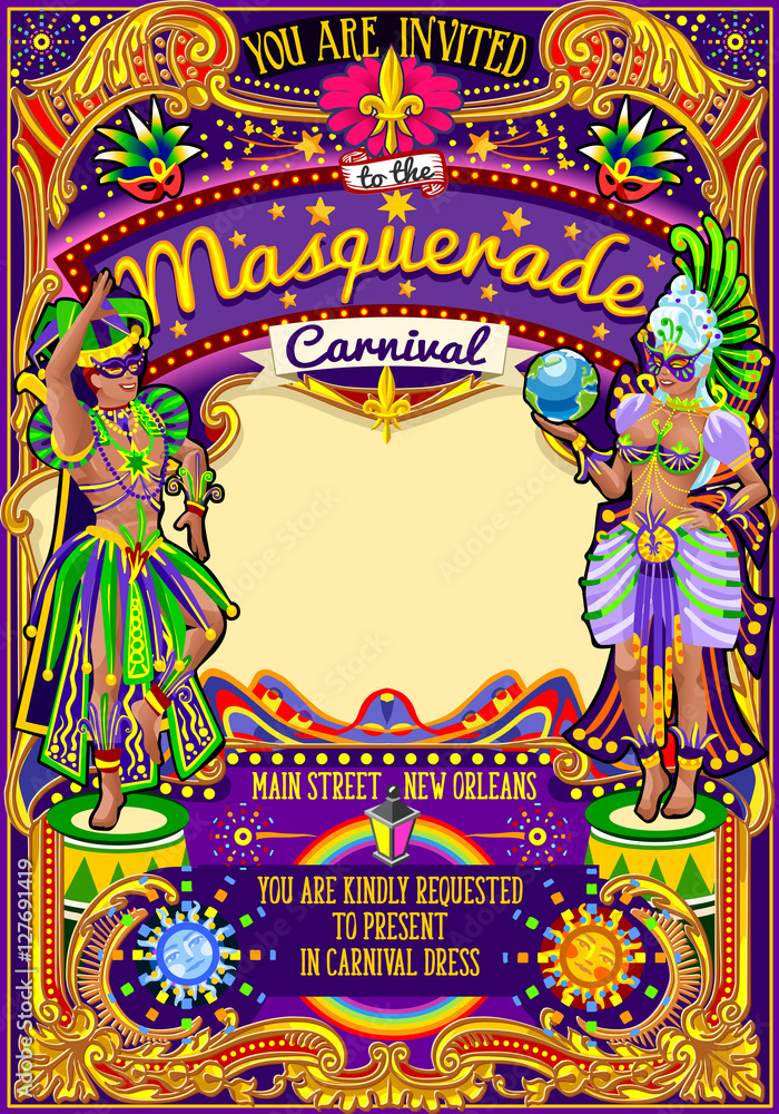 Mardi Gras festival poster illustration. New Orleans night Show ...