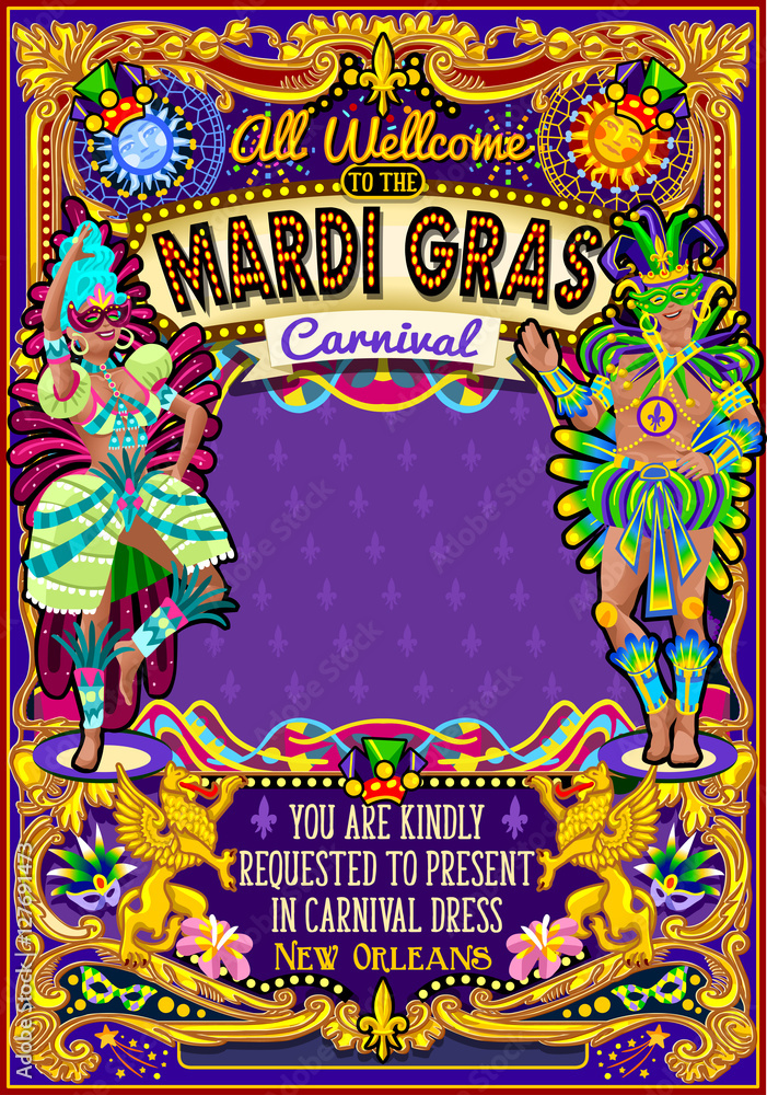 Naklejka premium Mardi Gras festival poster illustration. New Orleans night Show Carnival Party Parade masquerade invitation card template. Latin dance event with samba or salsa dancer theme. Carnival mask lily vector