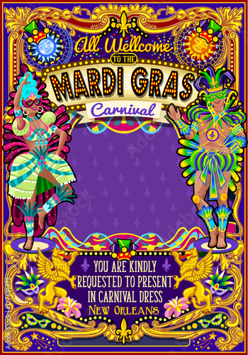 Mardi Gras festival poster illustration. New Orleans night Show Carnival Party Parade masquerade invitation card template. Latin dance event with samba or salsa dancer theme. Carnival mask lily vector