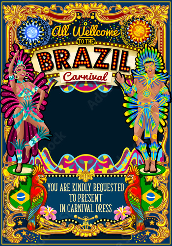 Rio Carnaval festival poster illustration. Brazil night Show Carnival Party Parade masquerade invitation card template. Latin dance event with samba or salsa dancer theme. Carnival mask vector symbol