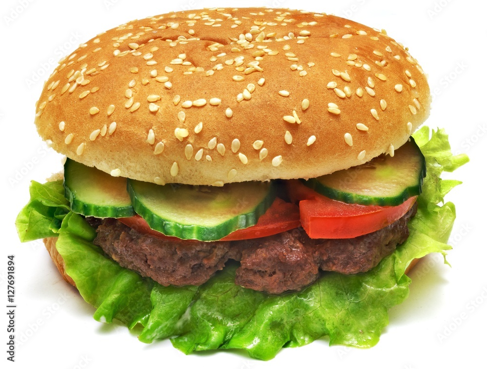 hamburger with bacon, tomato, onions and lettuce isolated hamburger with bacon, tomato, onions and lettuce isolated