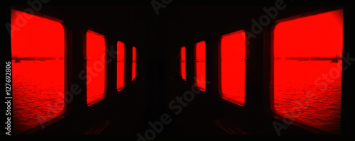 view of inside the ferry, abstract red colored 