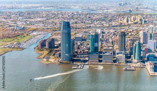 Jersey City skyline as seen from helicopter, USA