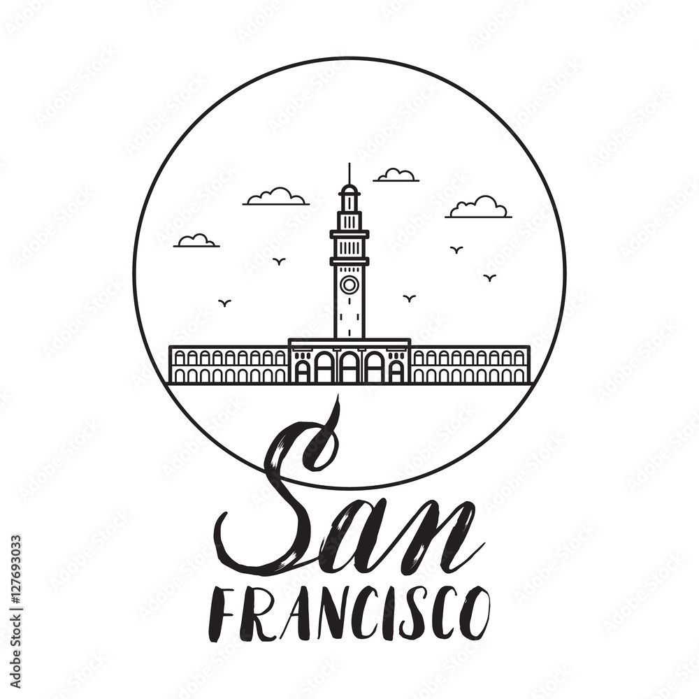 San Francisco illustration with modern lettering and ferry build