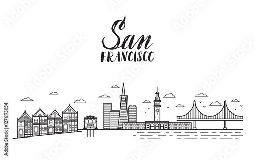 San Francisco illustration with modern lettering, city buildings