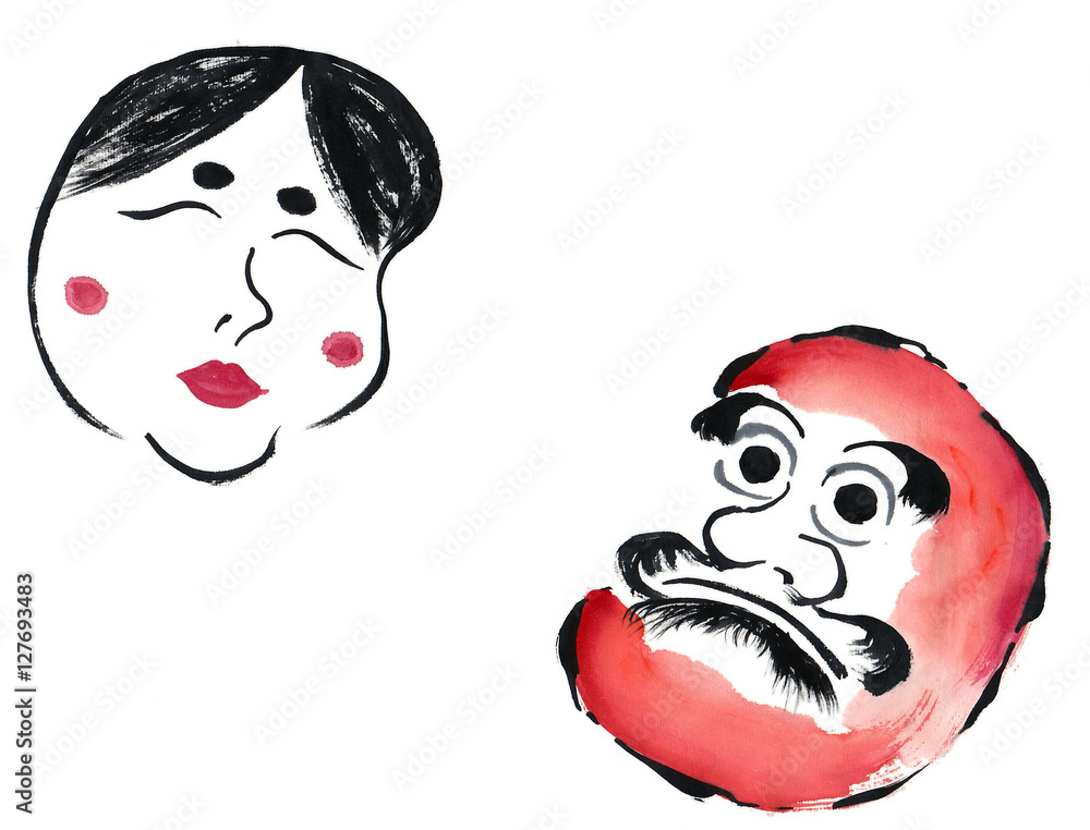 達磨とオカメ 水墨画 年賀イラスト Stock Illustration Adobe Stock