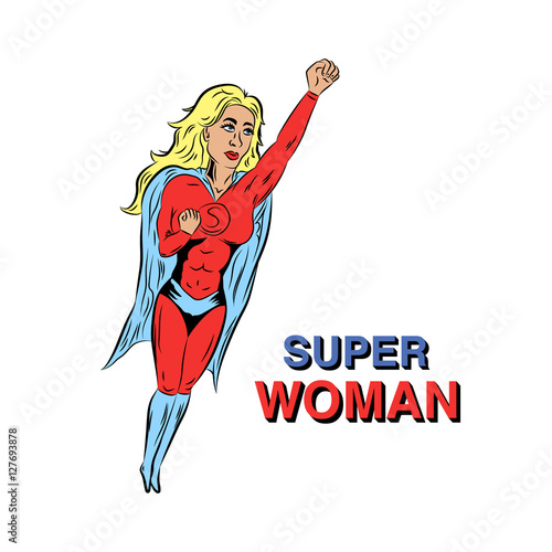 Flying superwoman illustration in red super costume with cloak.