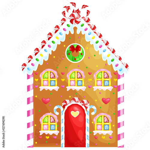 gingerbread house decorated candy icing and sugar.christmas cookies, traditional winter holiday xmas homemade baked sweet food vector illustration