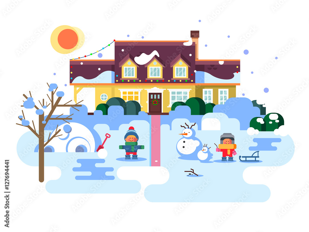 Naklejka premium Winter night children play