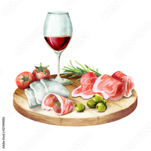 Prosciutto, mozzarella, olives and wine on the platter. Watercolor