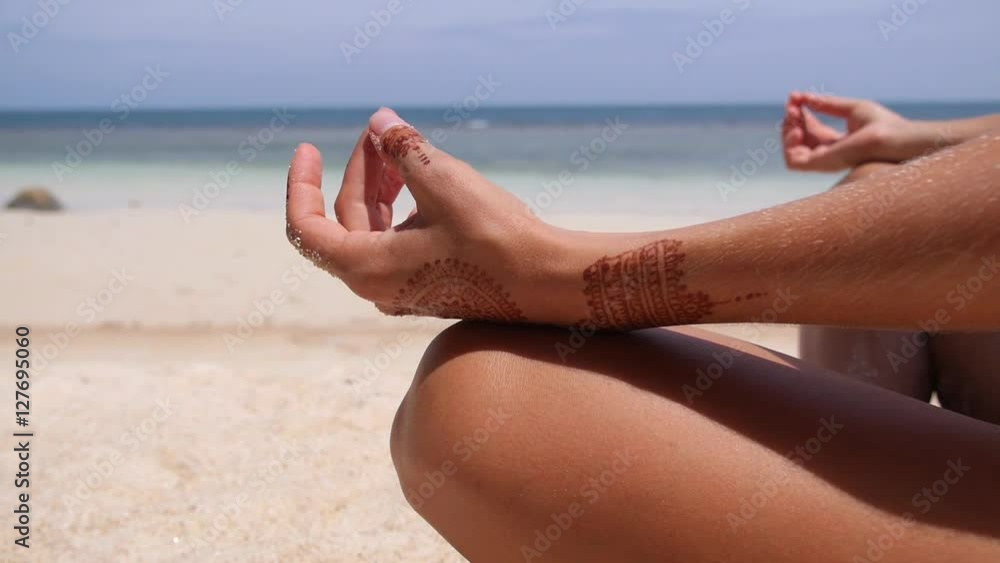 Serenity and Yoga Practicing at Beach, Meditation by Sea Serenity and Yoga Practicing at Beach, Meditation by Sea