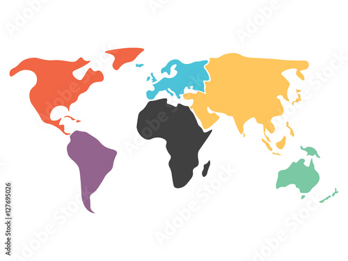 Multicolored world map divided to six continents in different colors - North America, South America, Africa, Europe, Asia and Australia Oceania. Simplified silhouette blank vector map without labels.