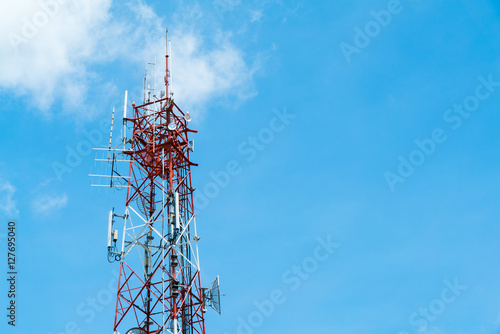 Telecommunication mast TV antennas wireless technology with blue sky