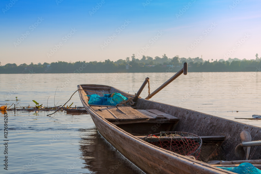 Wooden fishing boats on the Mekong River.