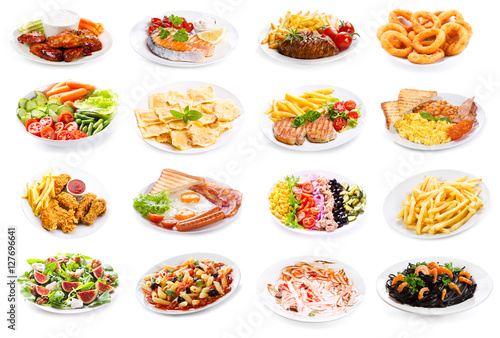 set of various plates of food