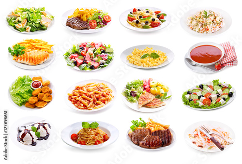 set of various plates of food