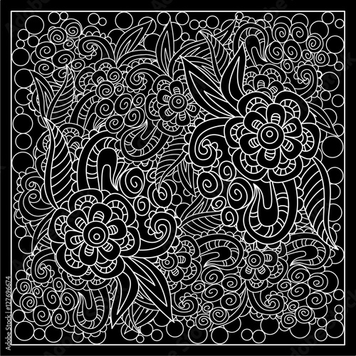 Black and white abstract bandana print with  fantasy flower. Square pattern design for pillow, carpet, rug. Design for silk neck scarf, kerchief, hanky