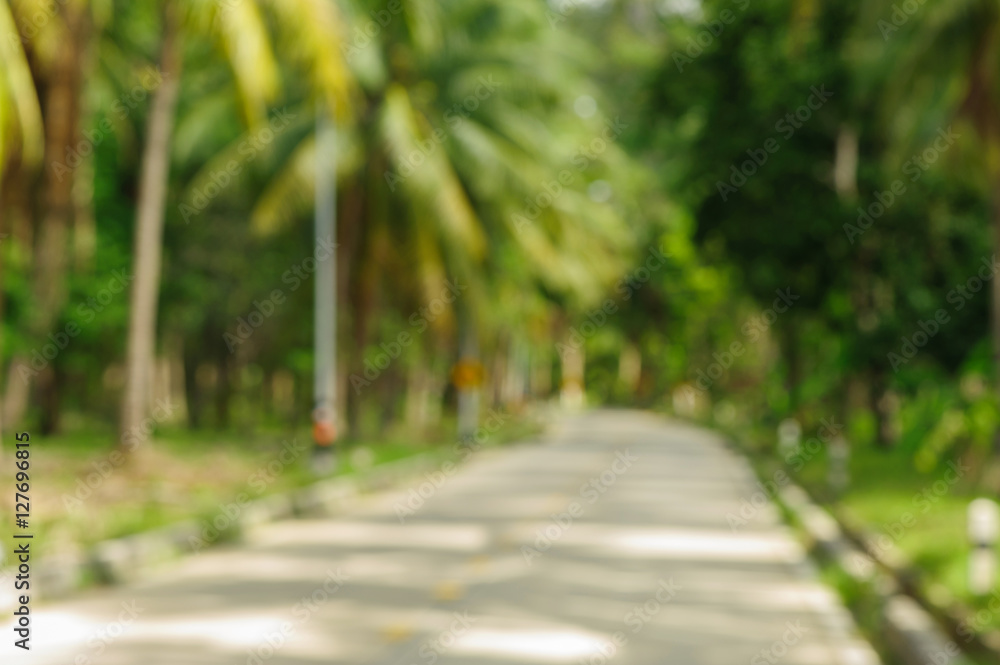 The road and coconut palm trees blurry photo background. Tropical scene defocused picture. Abstract exotic island travel blurry landscape. 