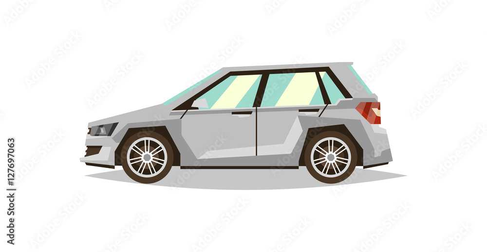 Gray car hatchback. Side view. Transport for travel. Gas engine. Flat style