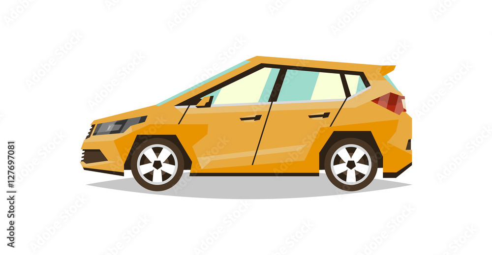Fototapeta premium Orange car hatchback. Side view. Transport for travel. Gas engine. Flat style