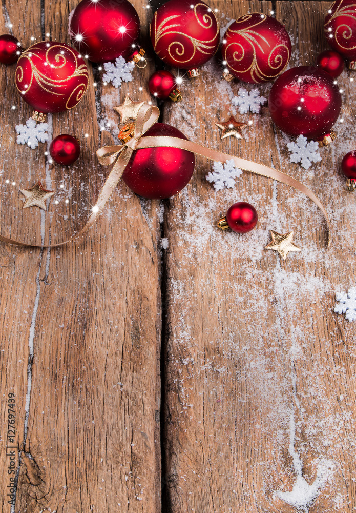 Christmas decoration on wooden background with free space. Celebration balls and other decoration. Christmas concept Christmas decoration on wooden background with free space. Celebration balls and other decoration. Christmas concept