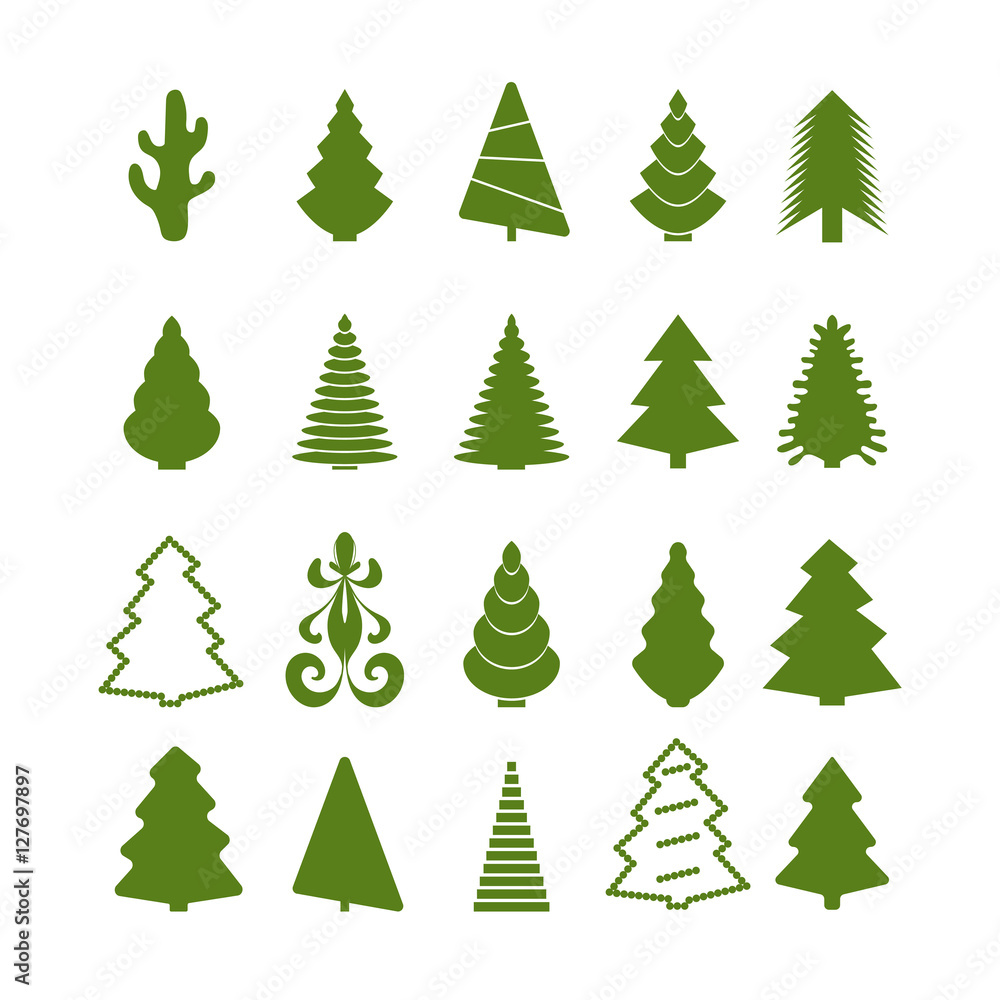 Set of green silhouettes Christmas tree on a white background. Vector illustration.