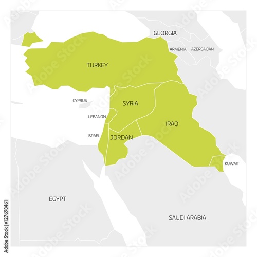 Map of Middle East or Near East transcontinental region with green highlighted Turkey, Syria, Iraq, Jordan, Lebanon and Israel. Flat map with thin white state borders.