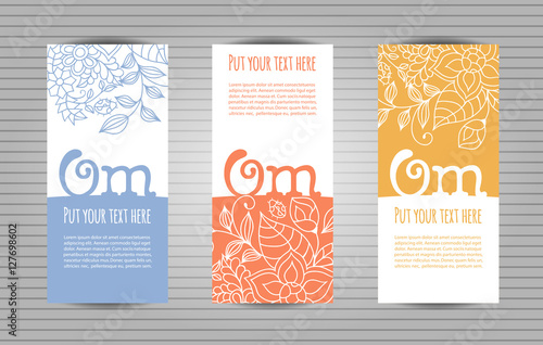 Om mantra lettering with floral pattern long flyer. Yoga and meditation studio long flyer or trifold templates.