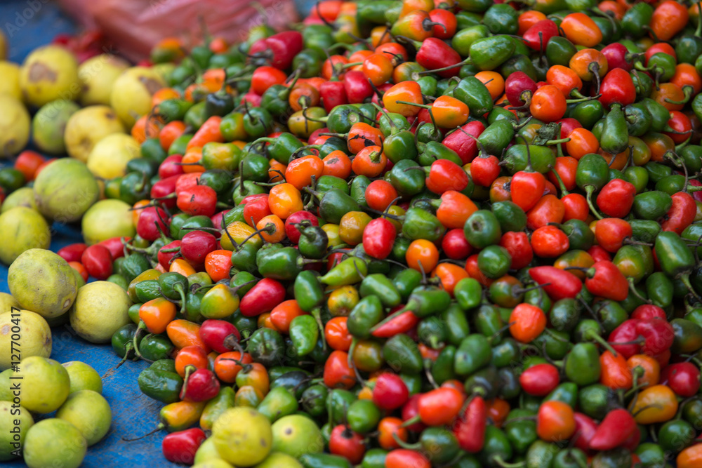 fresh red and green chili selling at the street shop fresh red and green chili selling at the street shop