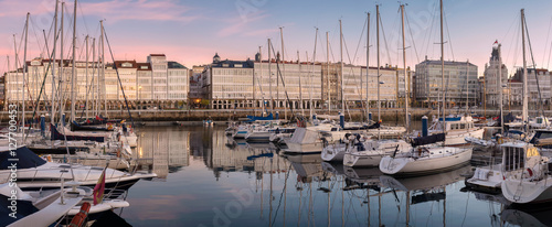Fotografie, Obraz Panoramic view of touristic sea sport harbor with modernist architecture buildings at down in A Coruña, Galicia, Spain