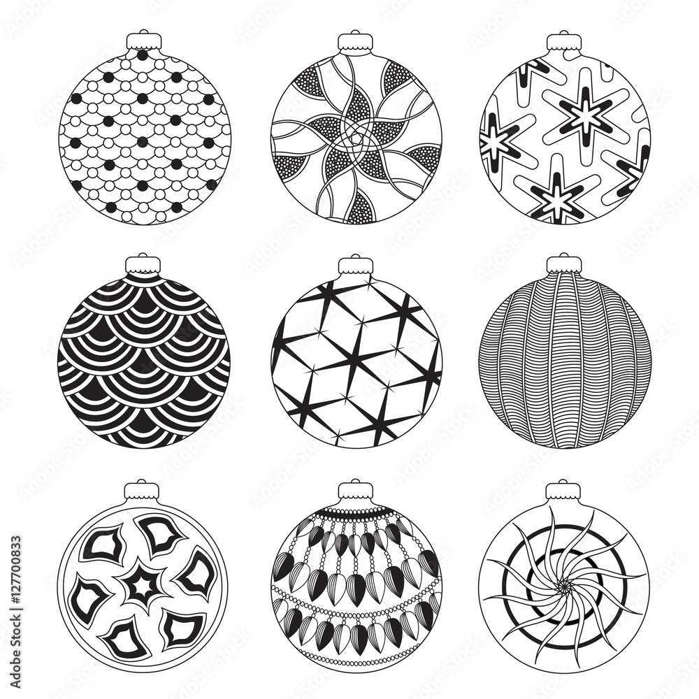 Set of Hand drawn Christmas balls with doodle decorative elements ...