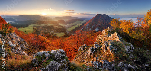 Slovakia forest autumn panorana landscape with mountain at sunri