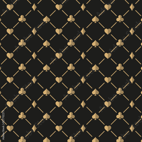Poker and Casino. Golden card suits on a black background form a pattern for luxury background.