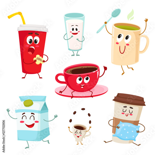 Set of funny milk, coffee, tea cup, glass, mug characters, cartoon style  vector illustration isolated on white background. Cute mugs, glasses, cups  with tea, coffee, milk, soda drinks Stock Vector | Adobe