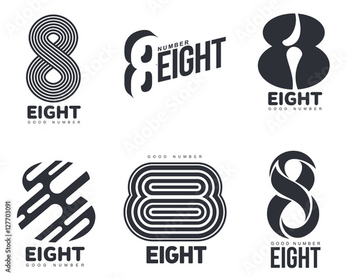 Set of black and white number eight logo templates, vector illustrations isolated on white background. Black and white graphic number eight logo templates - technical, organic, abstract